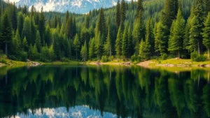 Pristine boreal forest landscape with evergreen trees reflecting in still lake water, untouched wilderness scene demonstrating natural ecosystem health and environmental baseline conditions