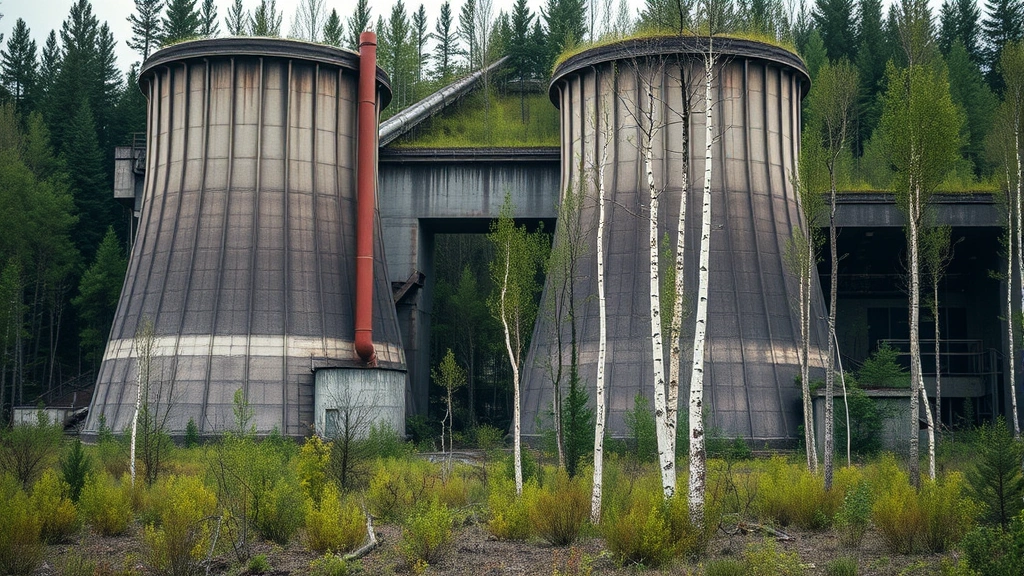 Abandoned industrial reactor cooling towers with weathered concrete structure surrounded by overgrown vegetation and birch forest reclaiming contaminated land, showing ecosystem adaptation
