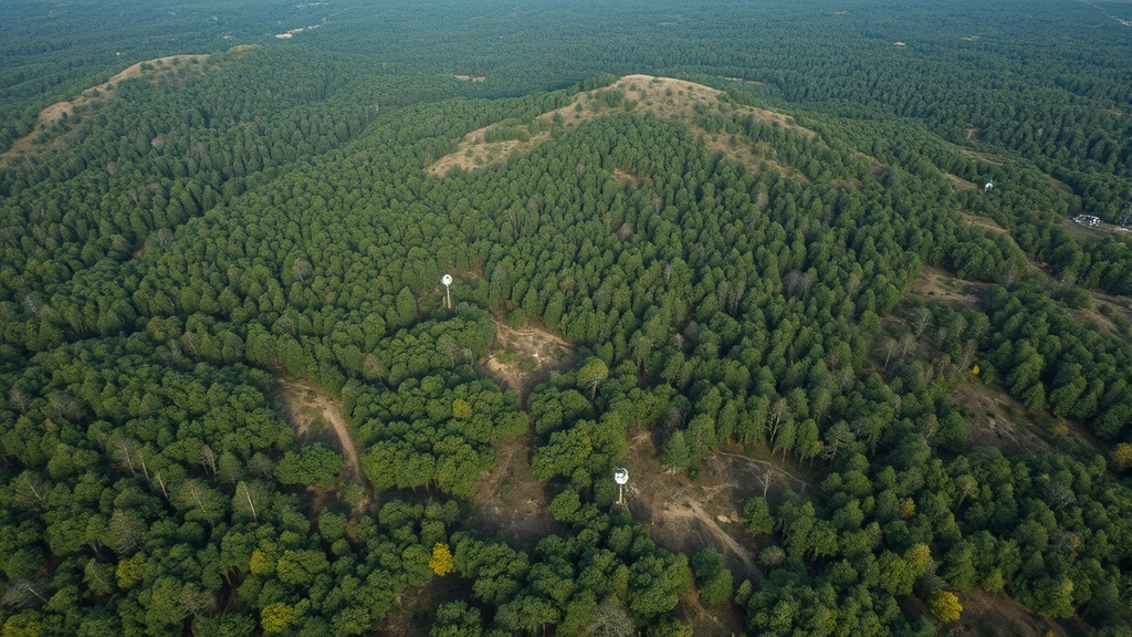 Aerial view of vast contaminated exclusion zone showing forest canopy with subtle radiation monitoring equipment, wildlife habitat restoration, and natural landscape recovery in action
