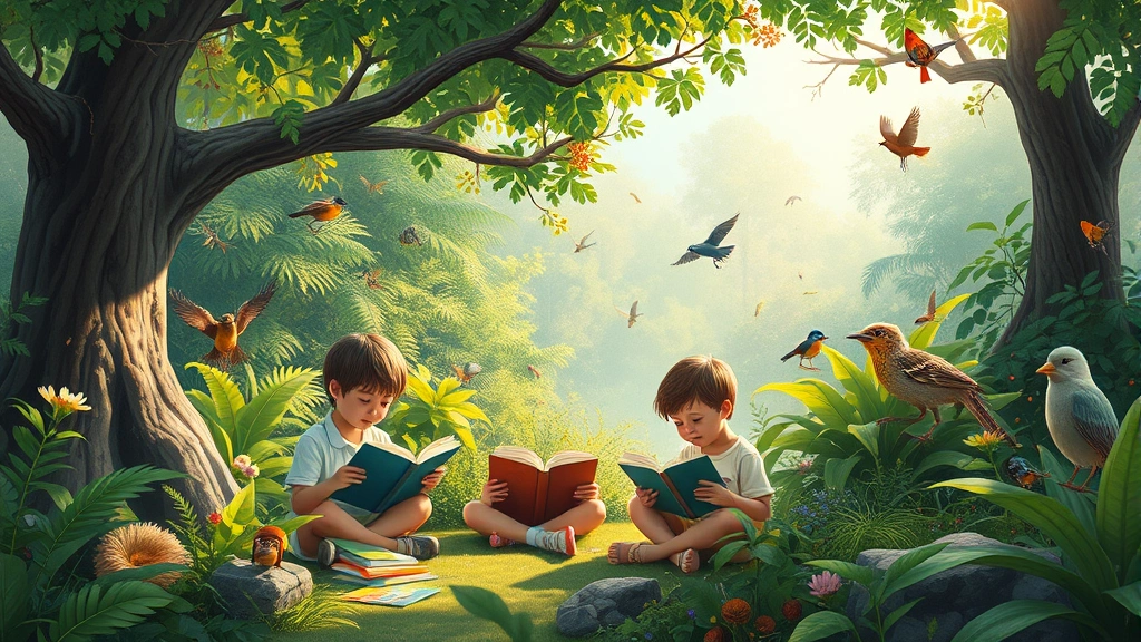 Diverse ecosystem scene with children reading books surrounded by vibrant forest canopy, green plants, and wildlife including birds, insects, and small mammals in natural morning light