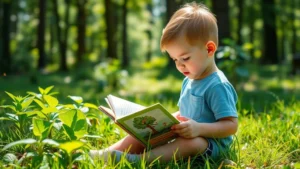 Child reading an environmental picture book outdoors surrounded by green plants and natural light, sitting on grass near forest trees, peaceful natural setting