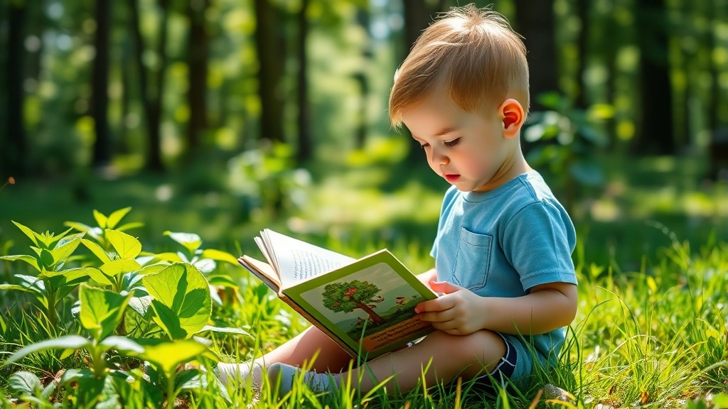 Child reading an environmental picture book outdoors surrounded by green plants and natural light, sitting on grass near forest trees, peaceful natural setting