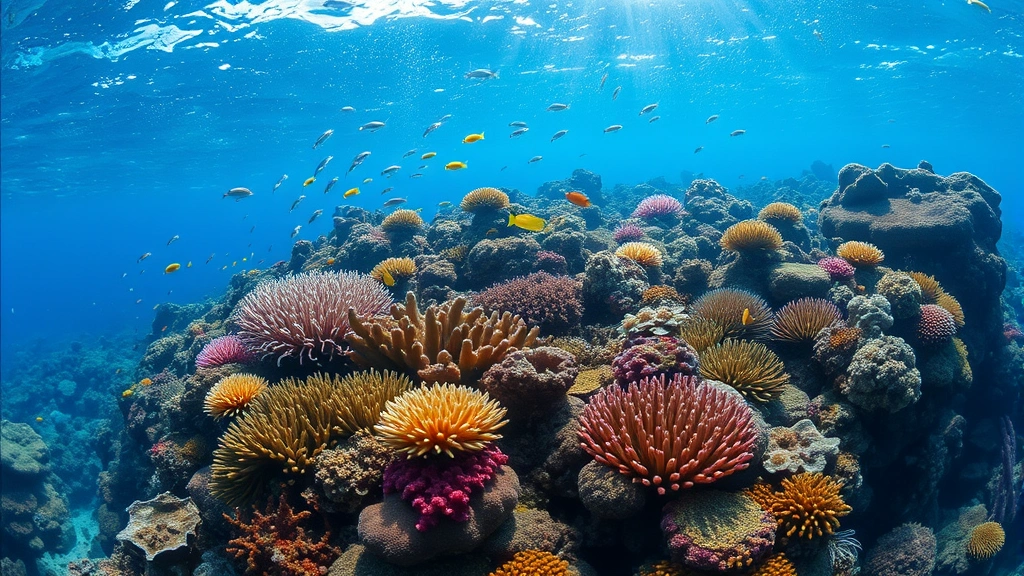 Underwater coral reef ecosystem with colorful fish, sea plants, and coral formations creating a thriving marine habitat with sunlight filtering through water