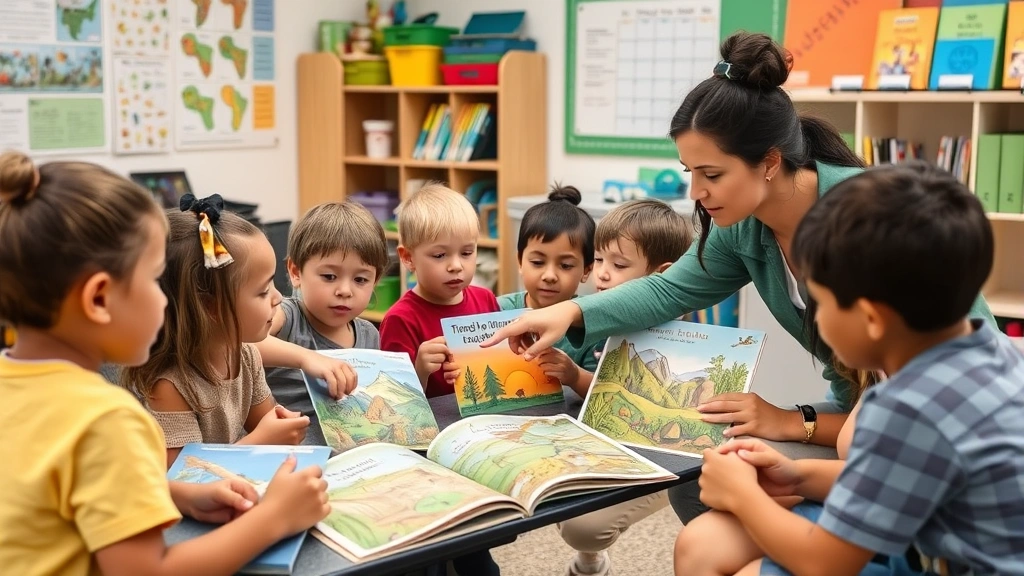 Diverse group of children in classroom engaged with environmental books, teacher pointing to illustrations of ecosystems, colorful sustainable materials visible