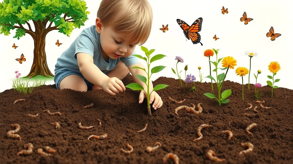 Child planting a seedling in rich soil with earthworms visible, surrounded by established trees, flowers, and butterflies representing ecosystem growth and restoration