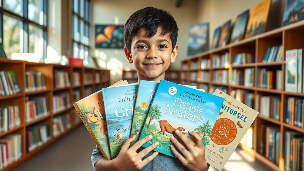 Young person holding multiple environmental children's books in library with nature photography on walls, sunlight streaming through windows showing diverse titles