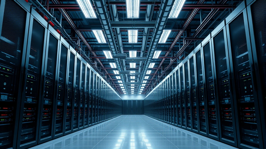 Massive data center facility with rows of server racks under bright LED lighting, visible cooling systems and network cables, industrial architecture, photorealistic, no people visible, emphasizing scale and energy infrastructure