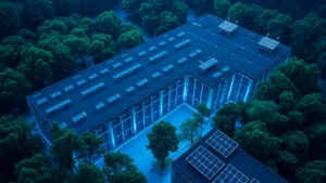 Aerial view of massive modern data center facility with rows of server equipment, cool blue lighting, surrounded by lush green forest landscape, renewable energy solar panels visible on rooftop, photorealistic professional photography