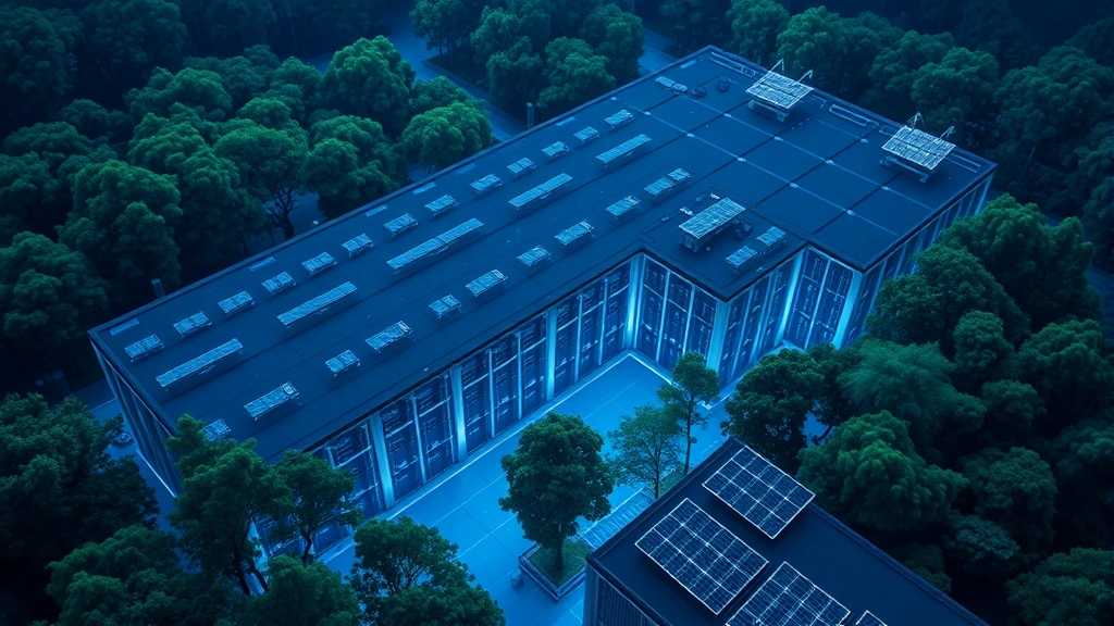 Aerial view of massive modern data center facility with rows of server equipment, cool blue lighting, surrounded by lush green forest landscape, renewable energy solar panels visible on rooftop, photorealistic professional photography