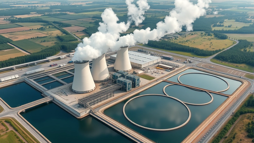 Aerial view of water treatment facility adjacent to industrial data center complex, cooling towers releasing steam, surrounding landscape showing environmental impact, photorealistic daytime photography