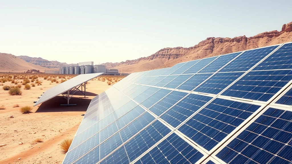 Solar panel array installation in desert landscape with data center facility in background, renewable energy infrastructure, clear skies, photorealistic showing sustainable technology integration