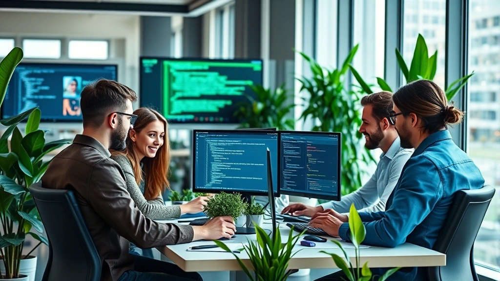Diverse international team of cloud engineers and developers collaborating in modern sustainable office with green plants, multiple monitors showing code and cloud infrastructure dashboards, natural lighting, inclusive workplace representation