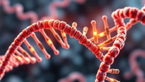 Detailed molecular illustration showing DNA double helix unwinding into mRNA with highlighted codon sequences, photorealistic biological visualization with vibrant colors showing nucleotide bases