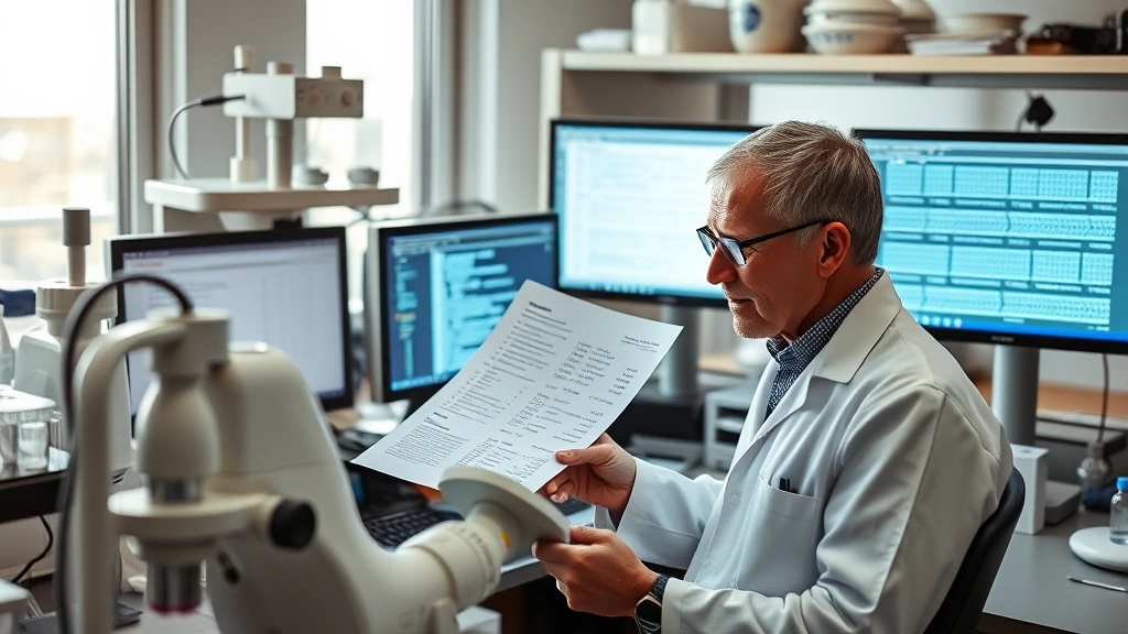 Scientist examining genetic code printout at laboratory workstation surrounded by research equipment, natural lighting illuminating codon charts and DNA sequence data on computer screens