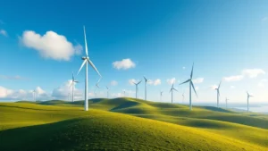 Photorealistic image of a modern wind farm with turbines on rolling green hills, blue sky with clouds, no text or labels, showing clean energy infrastructure and natural landscape integration
