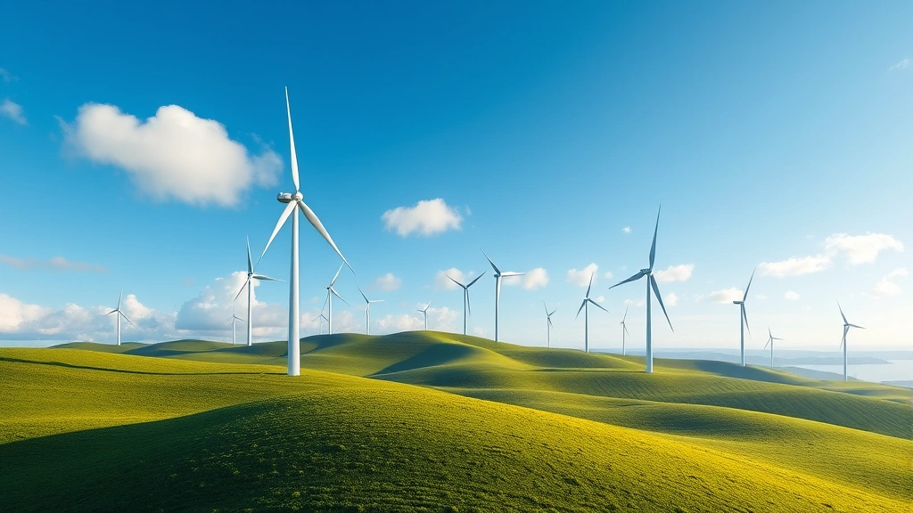 Photorealistic image of a modern wind farm with turbines on rolling green hills, blue sky with clouds, no text or labels, showing clean energy infrastructure and natural landscape integration