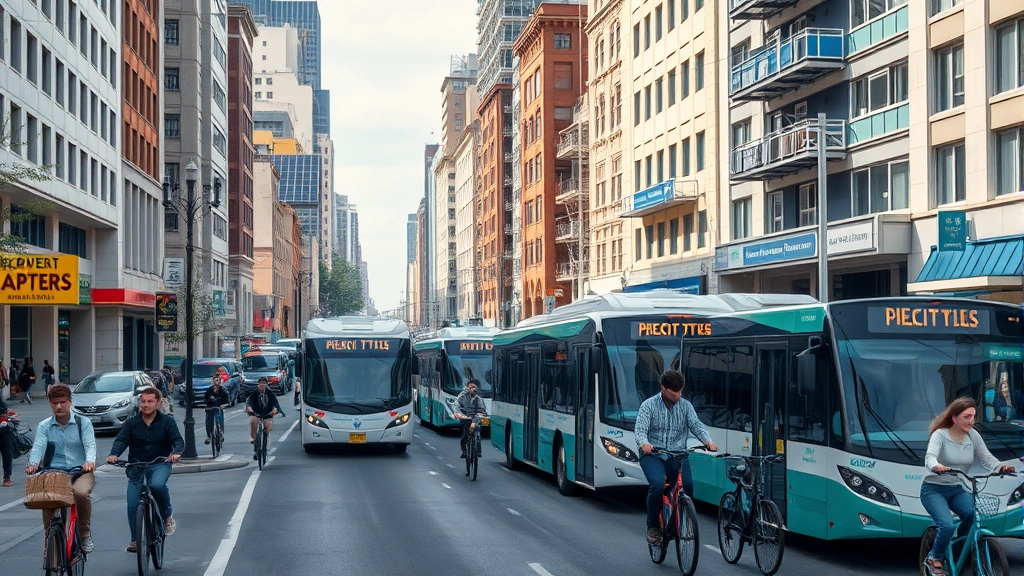 Photorealistic photograph of a busy urban street with electric buses, bicycles, and solar panels on buildings, diverse pedestrians, vibrant city environment, no text or signage visible, showing sustainable transportation systems