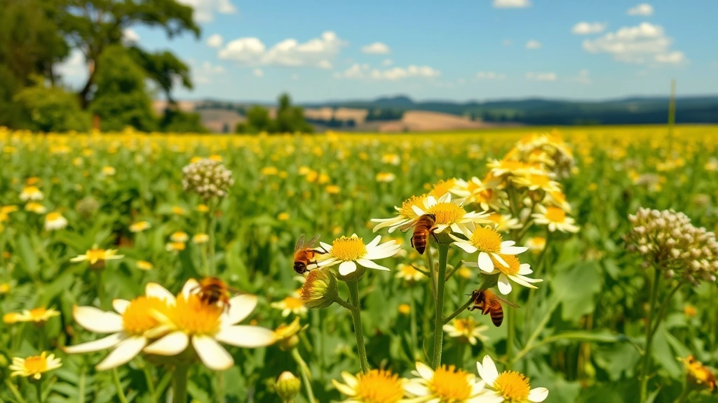 Agricultural field with honeybees pollinating flowering crops, demonstrating ecosystem service providing food production value, with natural landscape visible in background showing ecosystem-agriculture integration
