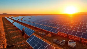 Solar panel arrays in vast field during golden hour with workers in safety gear installing equipment, clear blue sky, photorealistic landscape showing renewable energy infrastructure development
