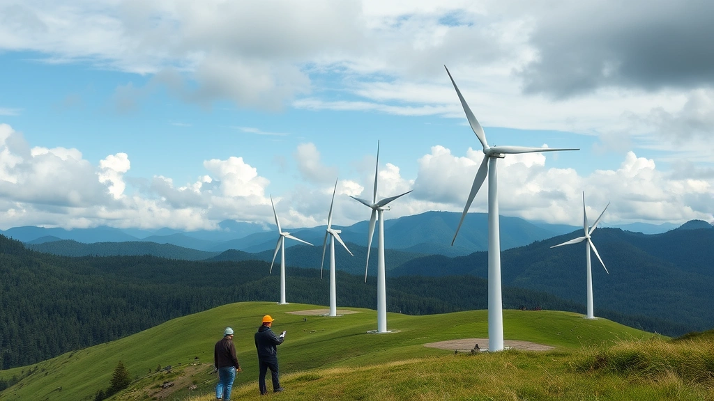 Modern wind turbines on green hillside with forested mountains background, workers in hard hats examining equipment, dynamic clouds, photorealistic industrial renewable energy landscape