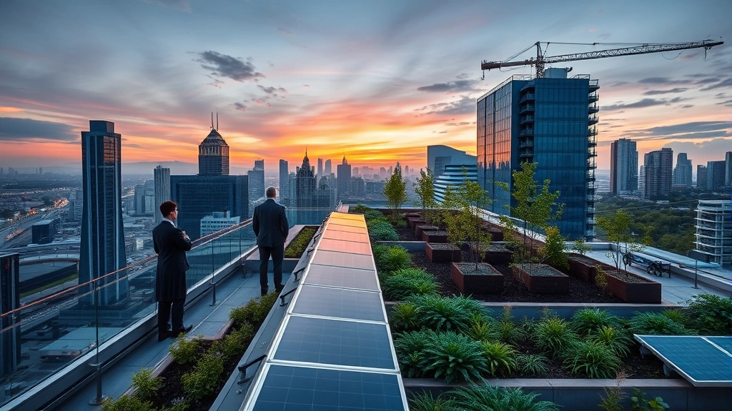 Urban rooftop with green infrastructure, solar panels, and vegetation gardens overlooking cityscape at dusk, people in professional attire inspecting sustainable building features, photorealistic sustainable development
