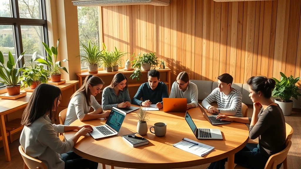 Sunlit classroom with natural wood furniture, green plants along windows, diverse students collaborating at round table with laptops and notebooks, warm ambient lighting, sustainable building materials visible