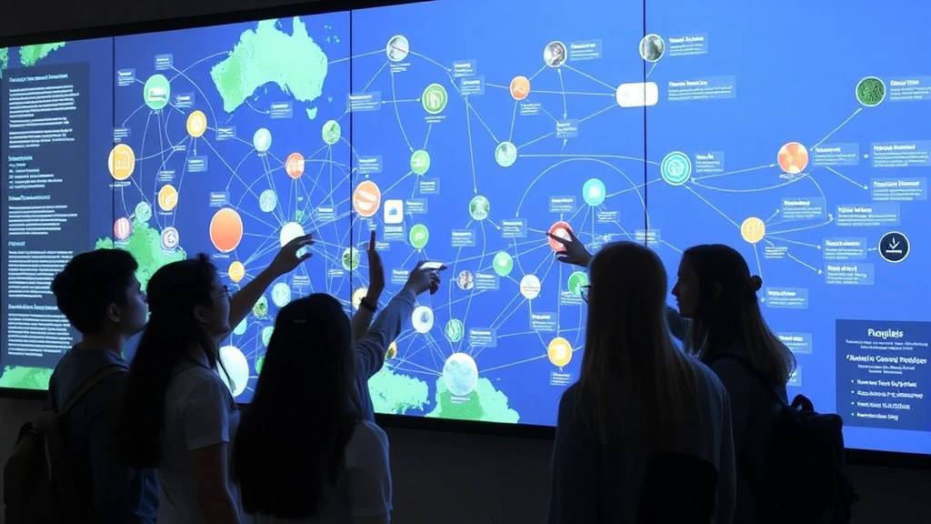 Ecosystem visualization on large digital display showing interconnected nodes representing economic and ecological systems, students in discussion around the screen pointing at connections, data flowing between elements