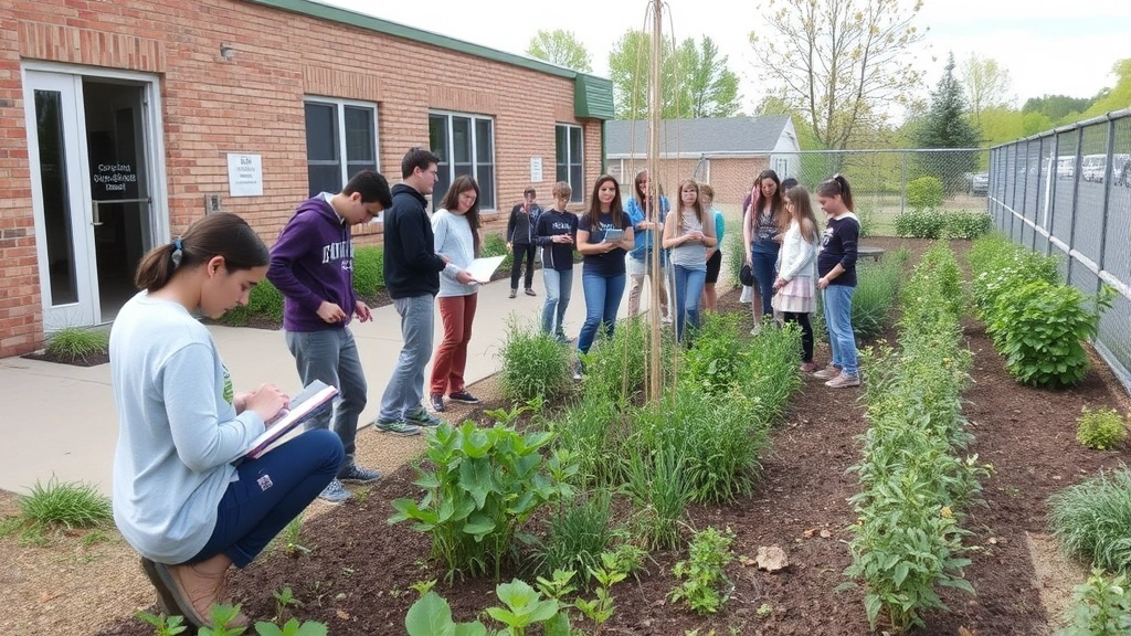 Community garden adjacent to educational building with students conducting field research, taking measurements, recording data, native plants growing, natural landscape integration demonstrating applied environmental learning