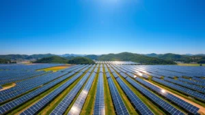 Photorealistic aerial view of sprawling solar farm with modern panels reflecting sunlight under clear blue sky, lush green hills in background, no text or labels visible, nature-economy intersection