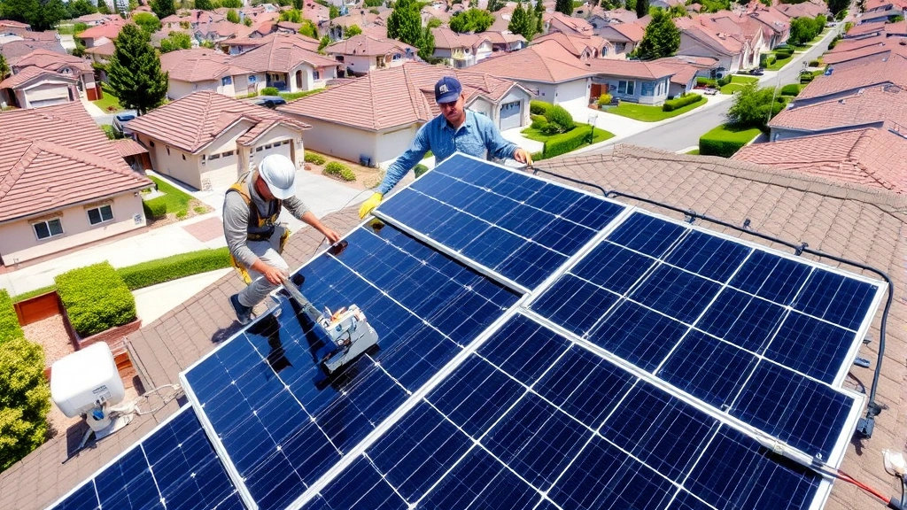 Solar panel technician installing rooftop solar arrays on residential homes in suburban neighborhood, bright sunlight, modern equipment, professional installation scene, diverse workforce visible