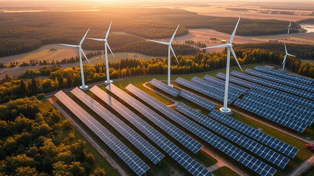 Aerial view of a thriving renewable energy farm with solar panels and wind turbines seamlessly integrated into natural landscape with forests and agricultural fields visible in background, golden hour lighting, photorealistic