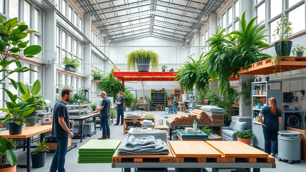 Modern sustainable manufacturing facility with green living walls, employees working with recycled materials and circular economy processes
