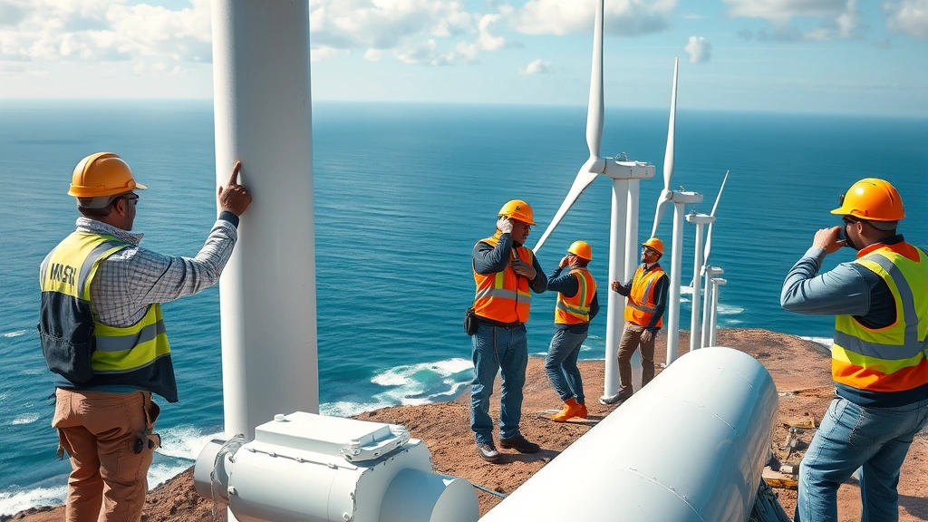 Photorealistic image of diverse workers installing wind turbines in coastal landscape with ocean horizon, professional safety equipment visible, natural lighting, no charts or data displays