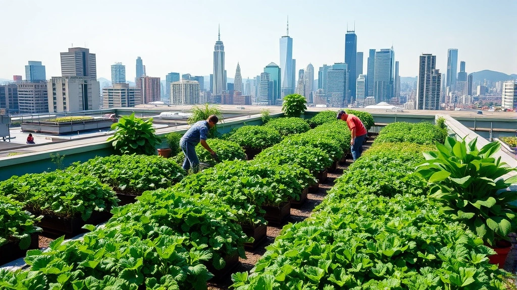 Lush green urban rooftop garden with vegetables growing, city skyline in background, workers maintaining plants, sustainable agriculture in metropolitan setting, natural lighting