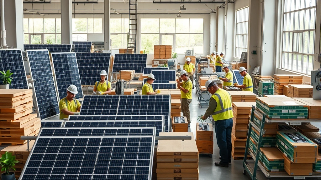 Photorealistic green economy factory floor: workers assembling solar panels and batteries with precision machinery, sustainable materials stacked nearby, natural daylight through large windows, diverse workforce engaged in manufacturing