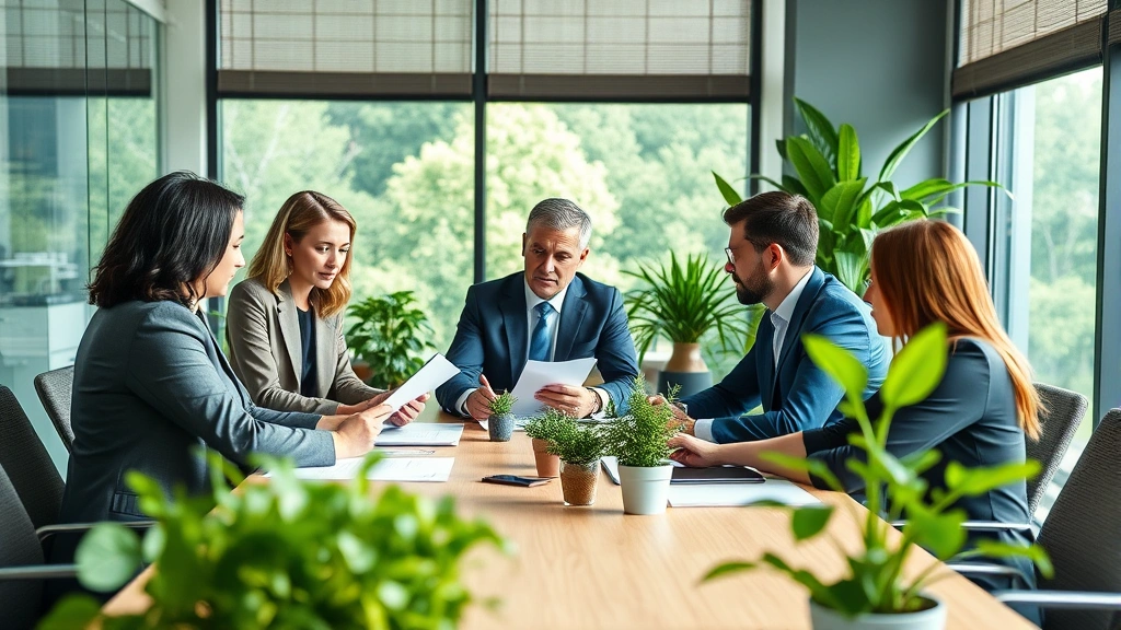 Corporate sustainability meeting with diverse professionals reviewing environmental impact reports and green investment portfolios at modern conference table with living plants and natural light, photorealistic professional setting