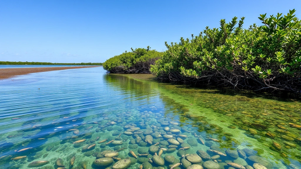 Thriving coastal ecosystem with restored mangroves and clear water, fish and birds present, demonstrating environmental regeneration benefits