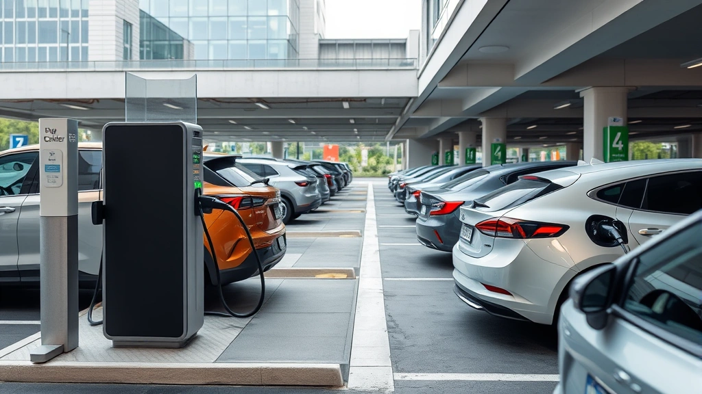 Electric vehicle charging station in modern parking facility with EVs plugged in, clean technology infrastructure, urban environment, contemporary design, busy charging activity