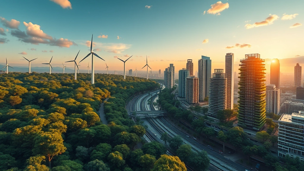 Photorealistic ecosystem and economy integration: lush forest transitioning to modern sustainable city with wind turbines, electric public transit, green buildings with vertical gardens, natural waterways, balanced nature-urban harmony, sunset lighting