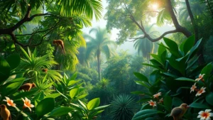 Lush tropical forest canopy with diverse wildlife including birds, monkeys, and insects visible among dense green vegetation and flowering plants, sunlight filtering through layers of foliage, photorealistic nature photography