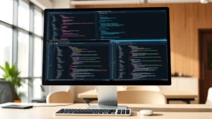 Photorealistic image of a computer workstation displaying multiple terminal windows with code and command-line interfaces, representing software development environments and dependency management workflows, modern office setting with natural lighting