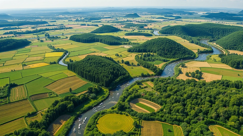 Photorealistic aerial view of sustainable farmland with diverse crops, green forest patches, and clean water streams running through valleys under bright daylight