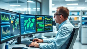 Scientific researcher working at computer with environmental data visualizations displayed on multiple monitors in modern research laboratory setting, photorealistic, no text or charts