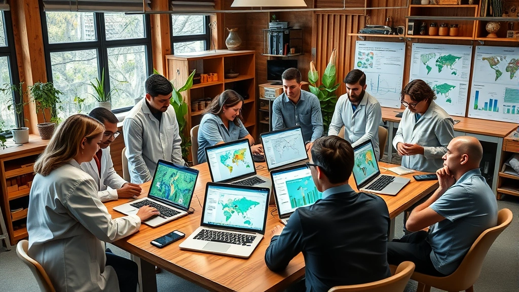 Diverse team of environmental scientists collaborating around large wooden table with laptops displaying ecological data maps and environmental monitoring dashboards in sustainable research facility, photorealistic, no visible text