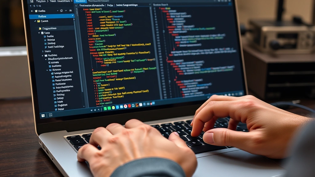 Photorealistic image showing a developer's hands typing on a keyboard with a laptop screen displaying package manager interfaces, code repositories, and environment configuration files, representing practical software development and environment setup processes