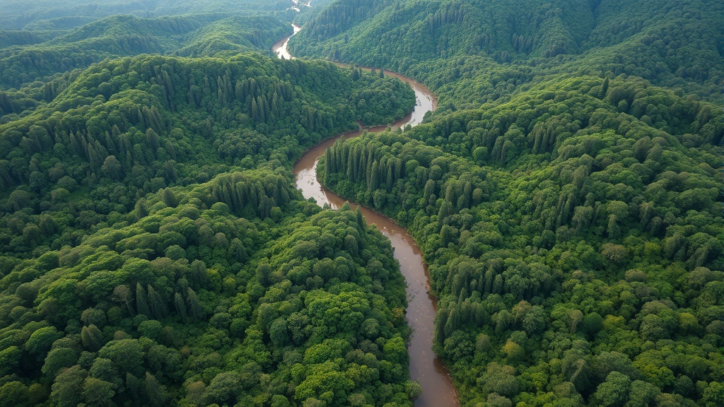 Aerial view of lush green forest landscape with winding river, demonstrating natural ecosystem complexity and interconnected environmental systems requiring sophisticated computational analysis, photorealistic, no text