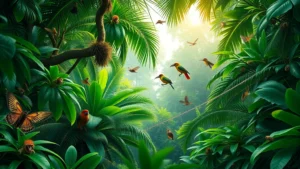 Lush tropical rainforest canopy with diverse wildlife including birds, insects, and mammals, sunlight filtering through dense green foliage, photorealistic, no text