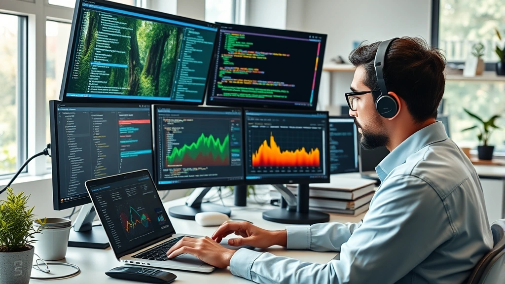Scientist analyzing ecosystem data on laptop with multiple monitors displaying Python code and environmental metrics, modern research lab setting with natural lighting