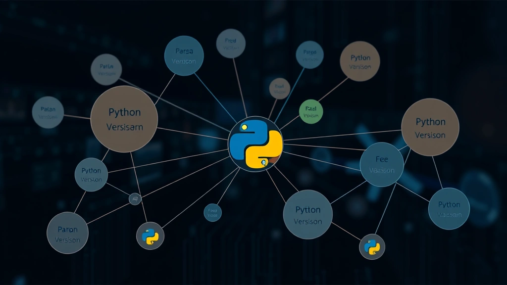 Network of interconnected nodes representing different Python environments with version numbers, abstract digital visualization of isolated computational spaces