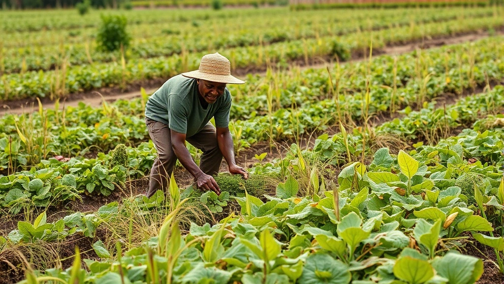 Indigenous farmer tending diverse polyculture agricultural field with multiple crop species, traditional sustainable farming, natural lighting, photorealistic, no text